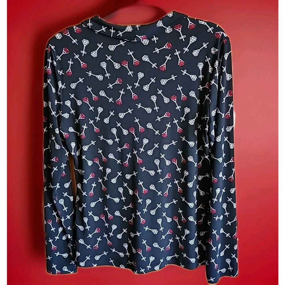 East 5th Women's Unique Black Long Sleeve Blouse Earring Print Size M - Picture 3 of 7